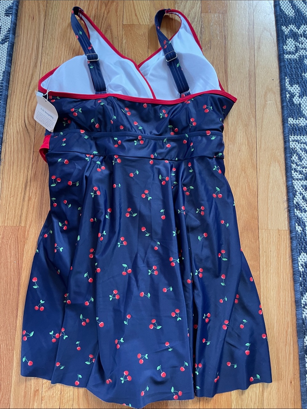 Navy Cherry Print Surplice Swim Dress with Red Trim - Picture 7 of 8